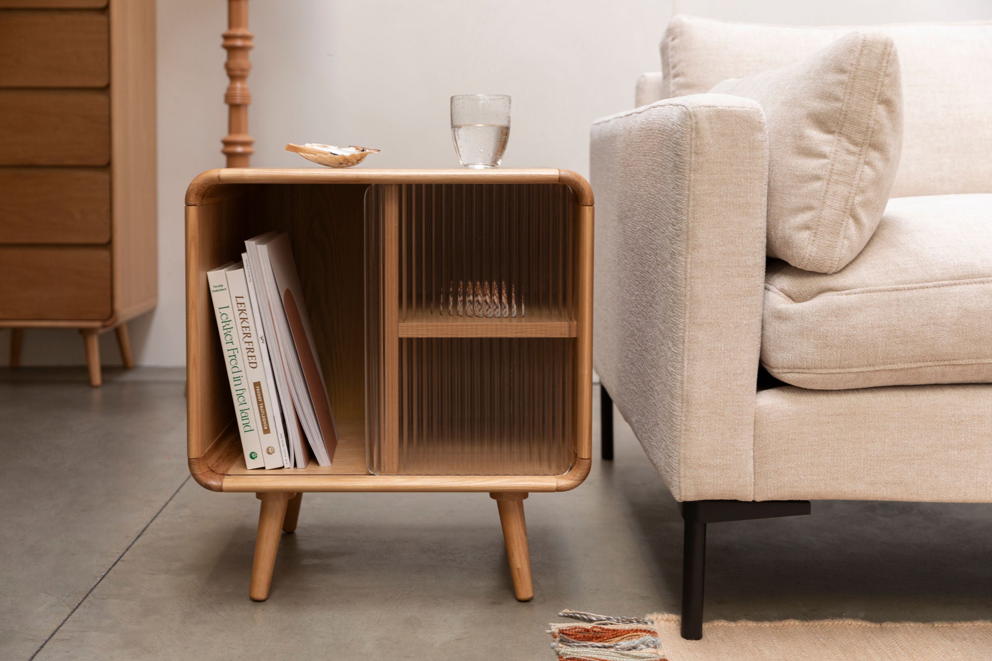 Zuiver Rise Natural Oak Wood & Ribbed Glass Bedside Table
